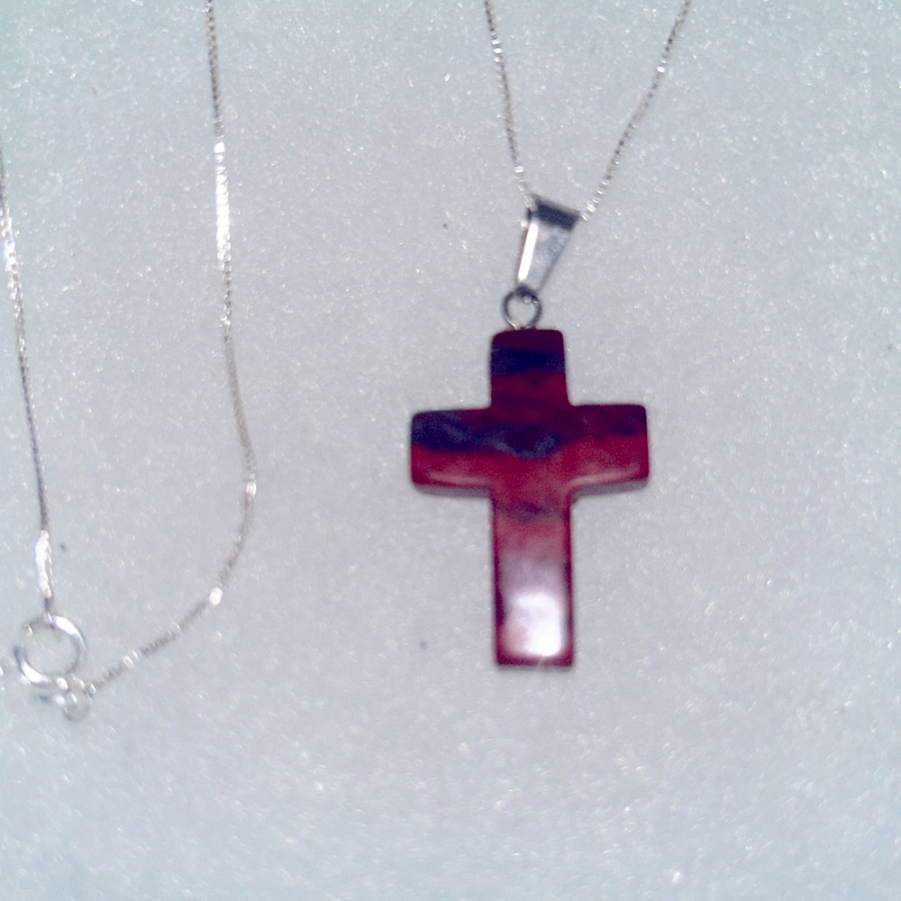 Boho hippie Brecciated Red Jasper Cross natural crystal silver 16” necklace